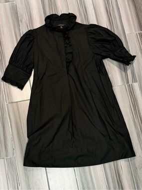 Banana Republic Black Ruffled Neck Midi Dress with Puff Sleeves